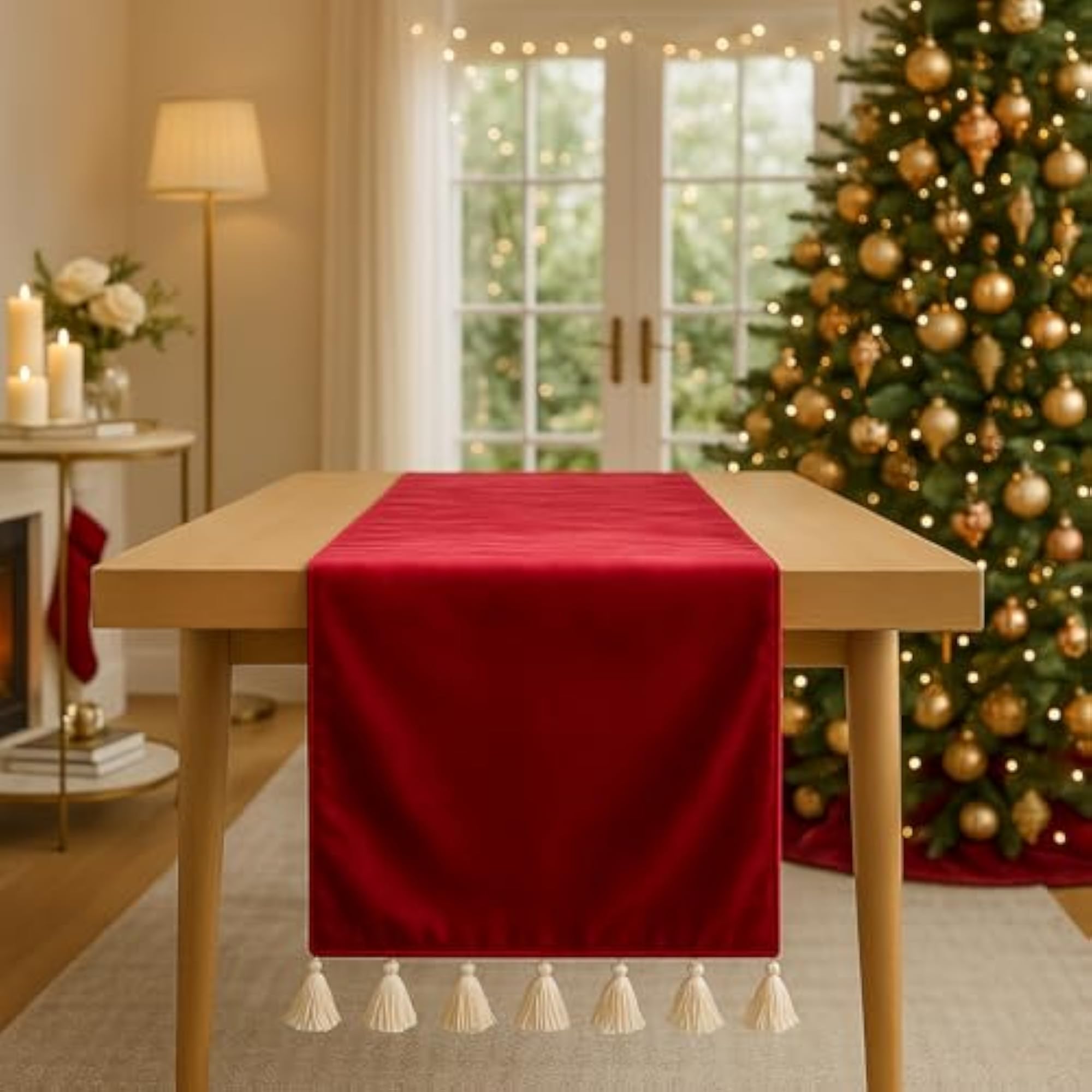 Red Velvet Christmas Decor Print Tassel Table Runner